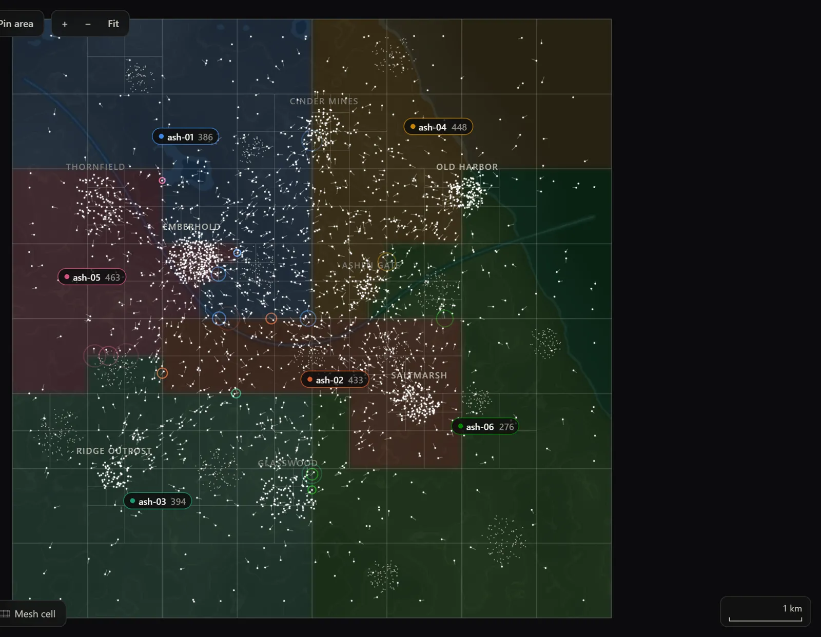 Atlas's mesh view: the adaptive cells the zone is cut along, and each server's area.